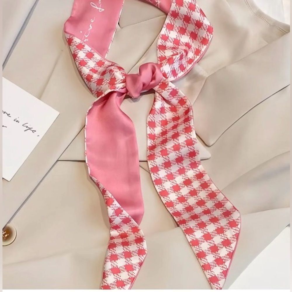 NEW! Classic Designer-Style Pink Gingham Print Neck Bag Scarf Twilly